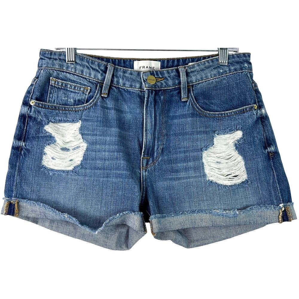 FRAME Women's Denim Blue Jeans Le Grand Garcon Shorts Distressed Grunge Size 27